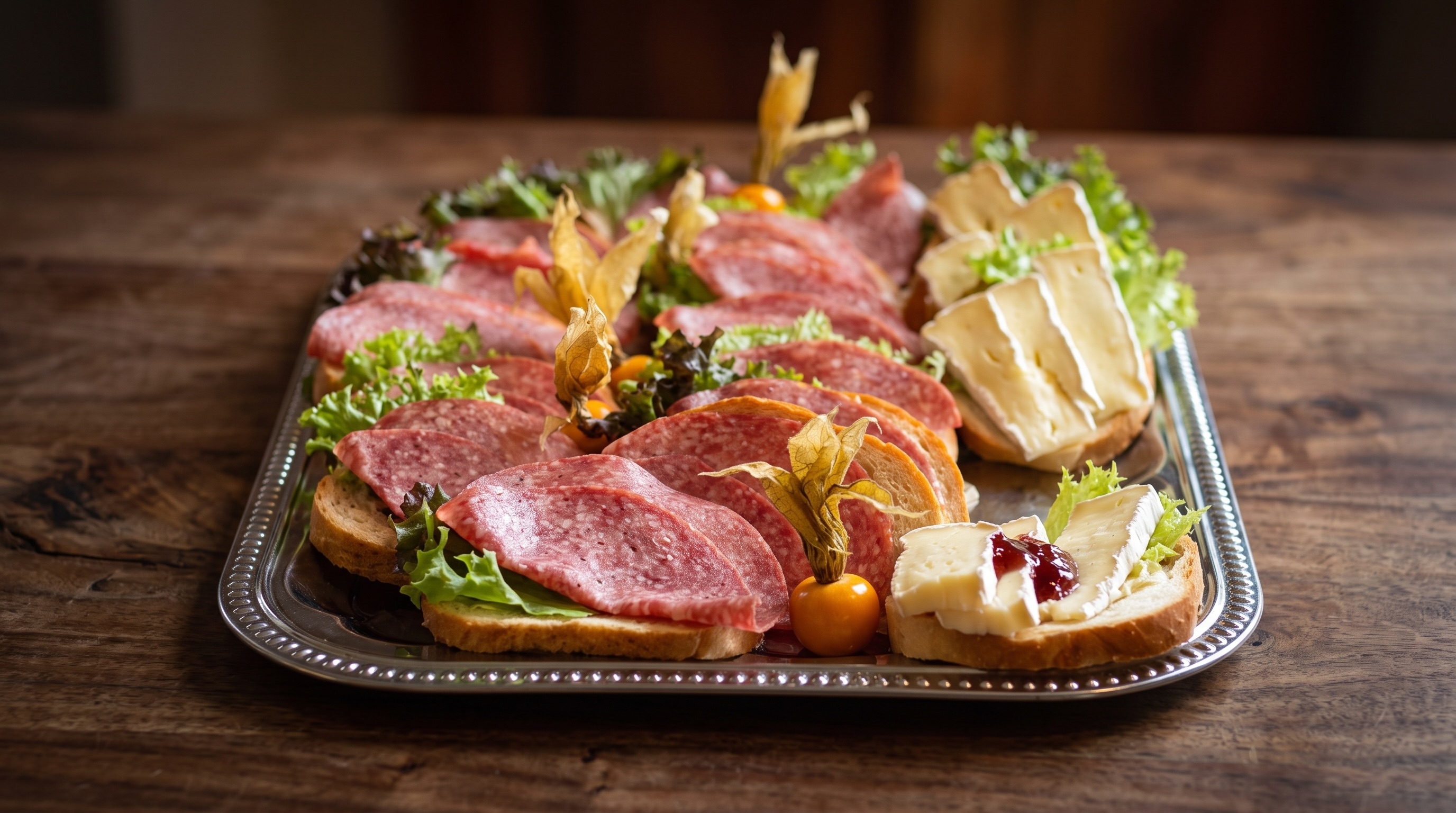 Platte mit Salami, geräuchertem Aufschnitt und Käse auf einem Silbertablett
